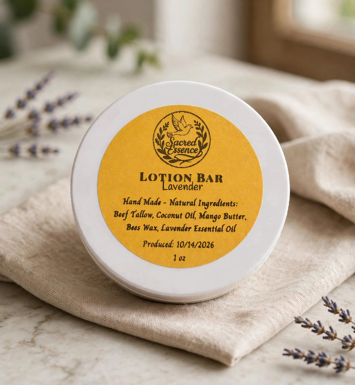 Lotion Bar tin with Sacred Essence label