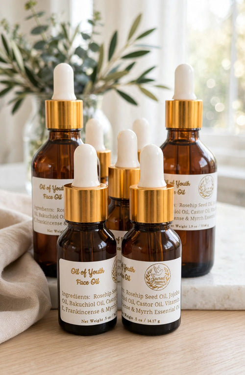 Oil of Youth face oil amber dropper bottles with gold caps